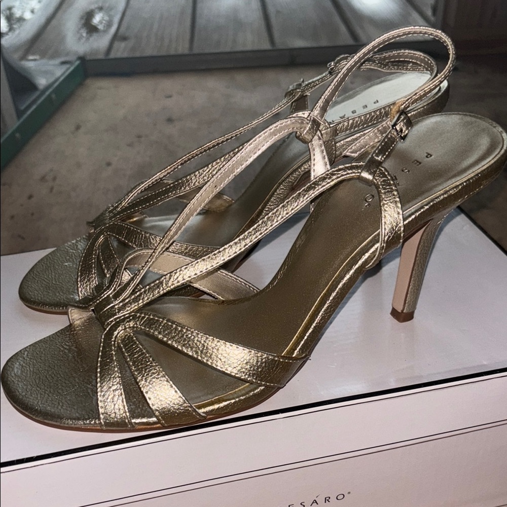 Pesaro Gold Stiletto Heels with Strappy Design